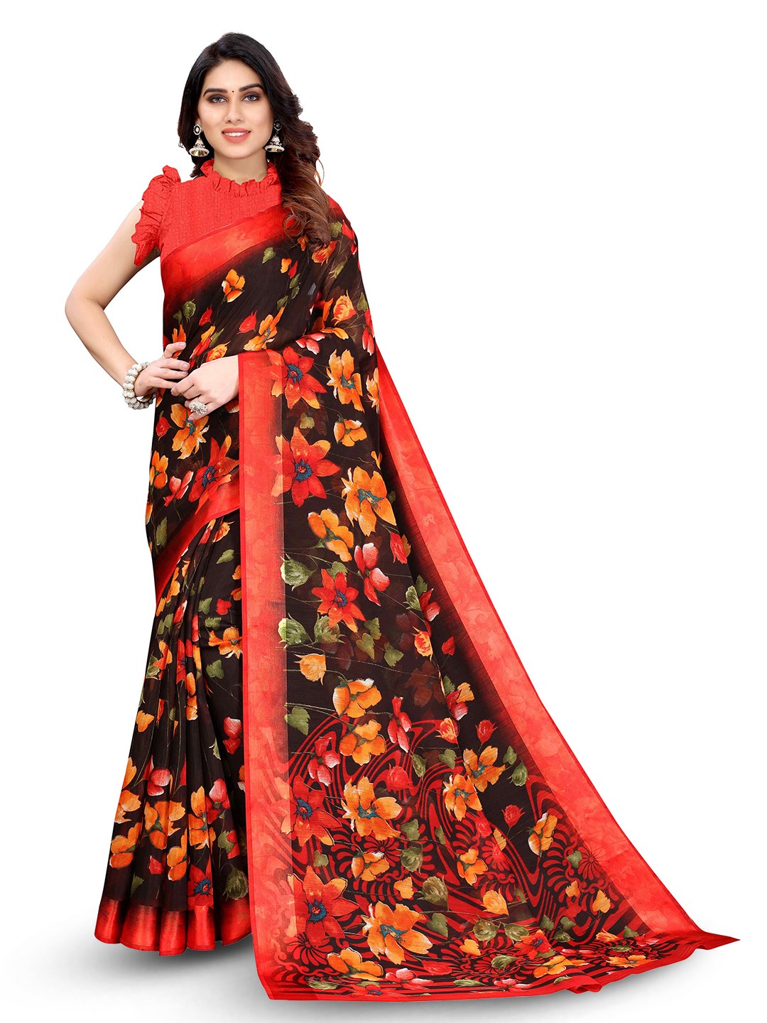 

KALINI Floral Printed Saree, Black