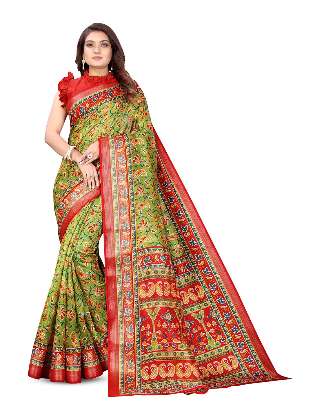 

KALINI Paisley Printed Zari Detail Saree, Green
