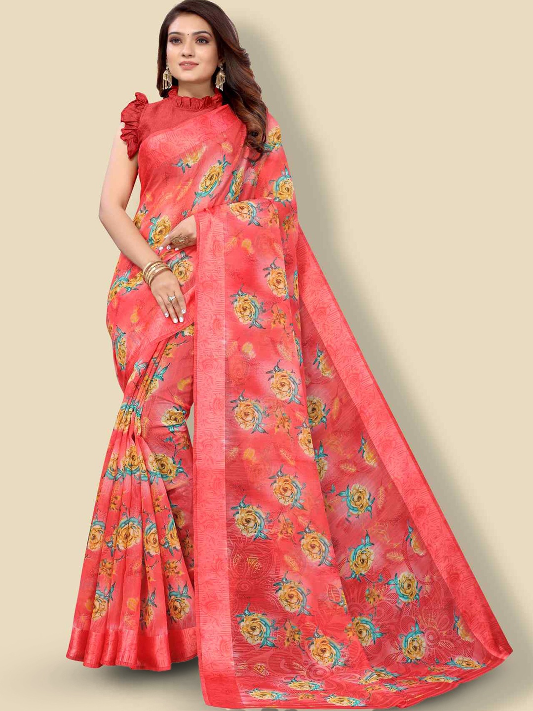 

KALINI Floral Printed Saree, Red