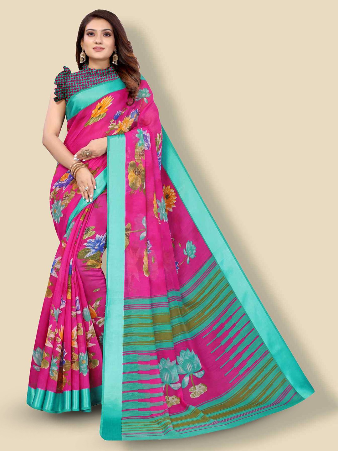 

KALINI Floral Printed Saree, Pink