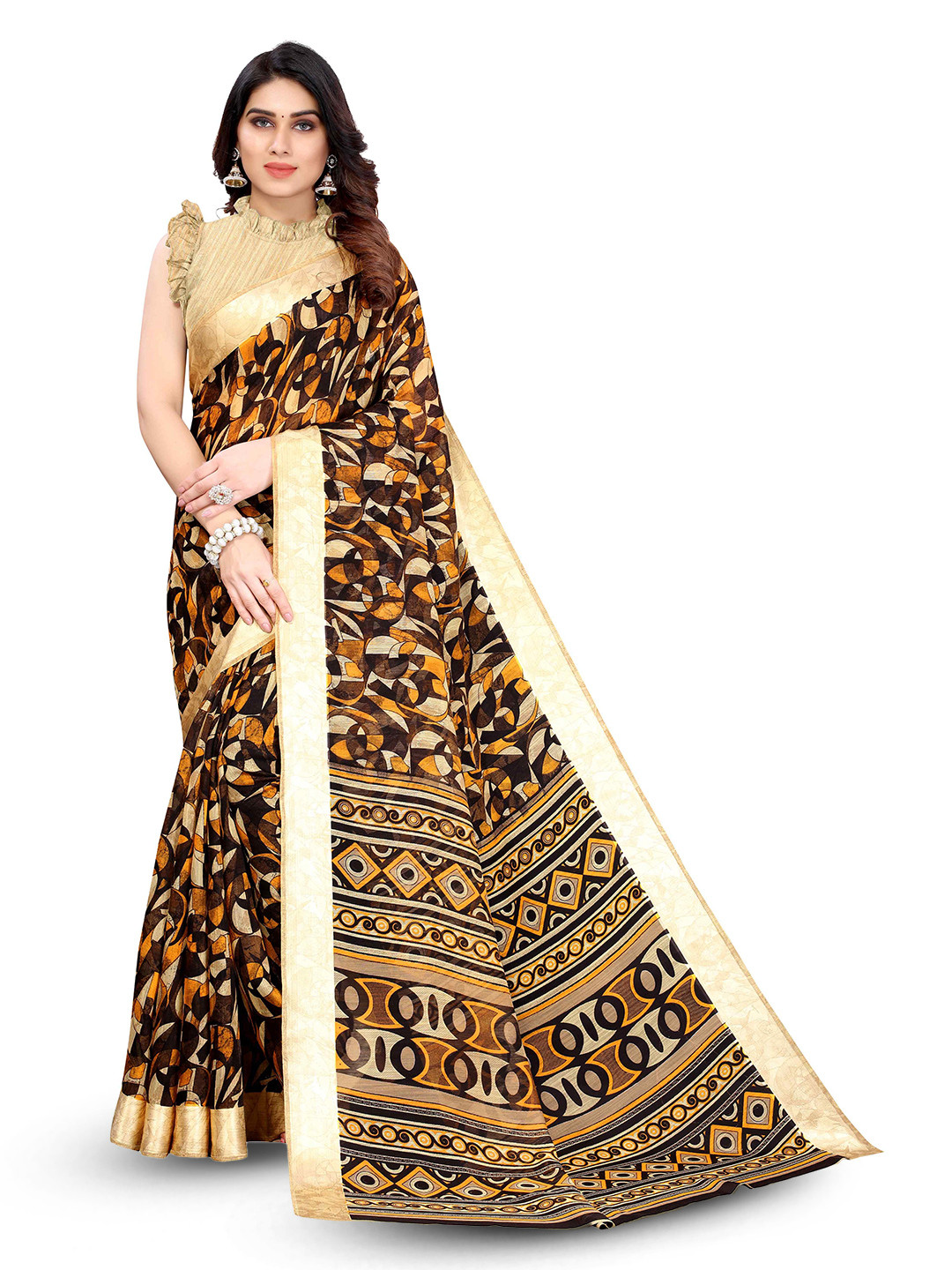 

KALINI Geometric Printed Saree, Brown