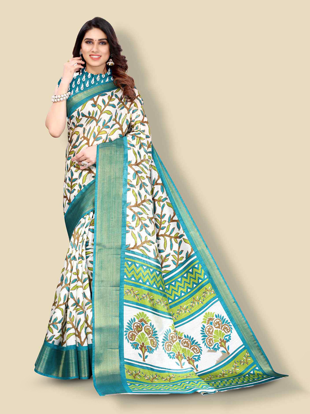 

KALINI Floral Printed Zari Detail Saree, White