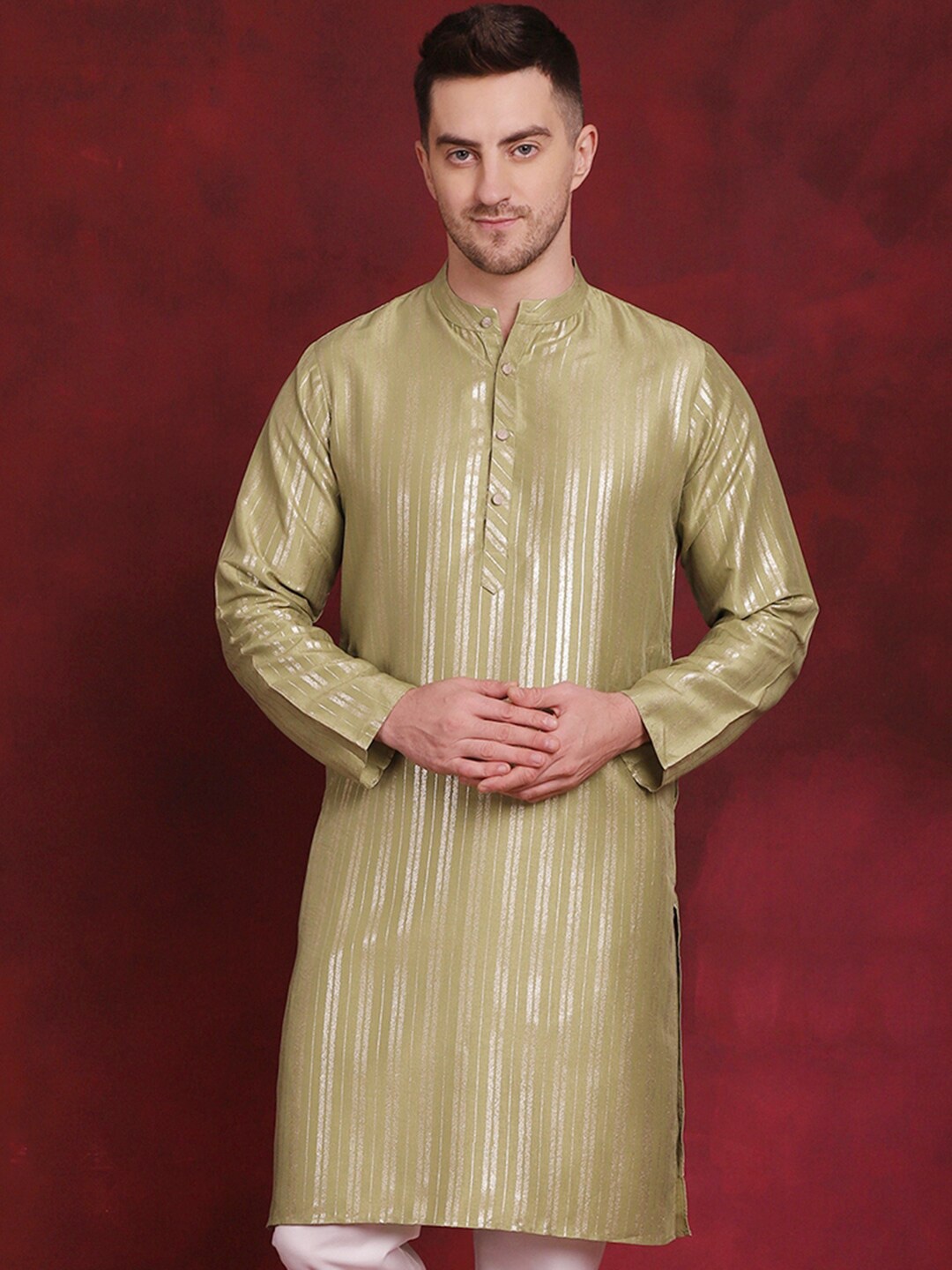 

Anouk Striped Mandarin Collar Long Sleeves Thread Work Straight Kurta, Green
