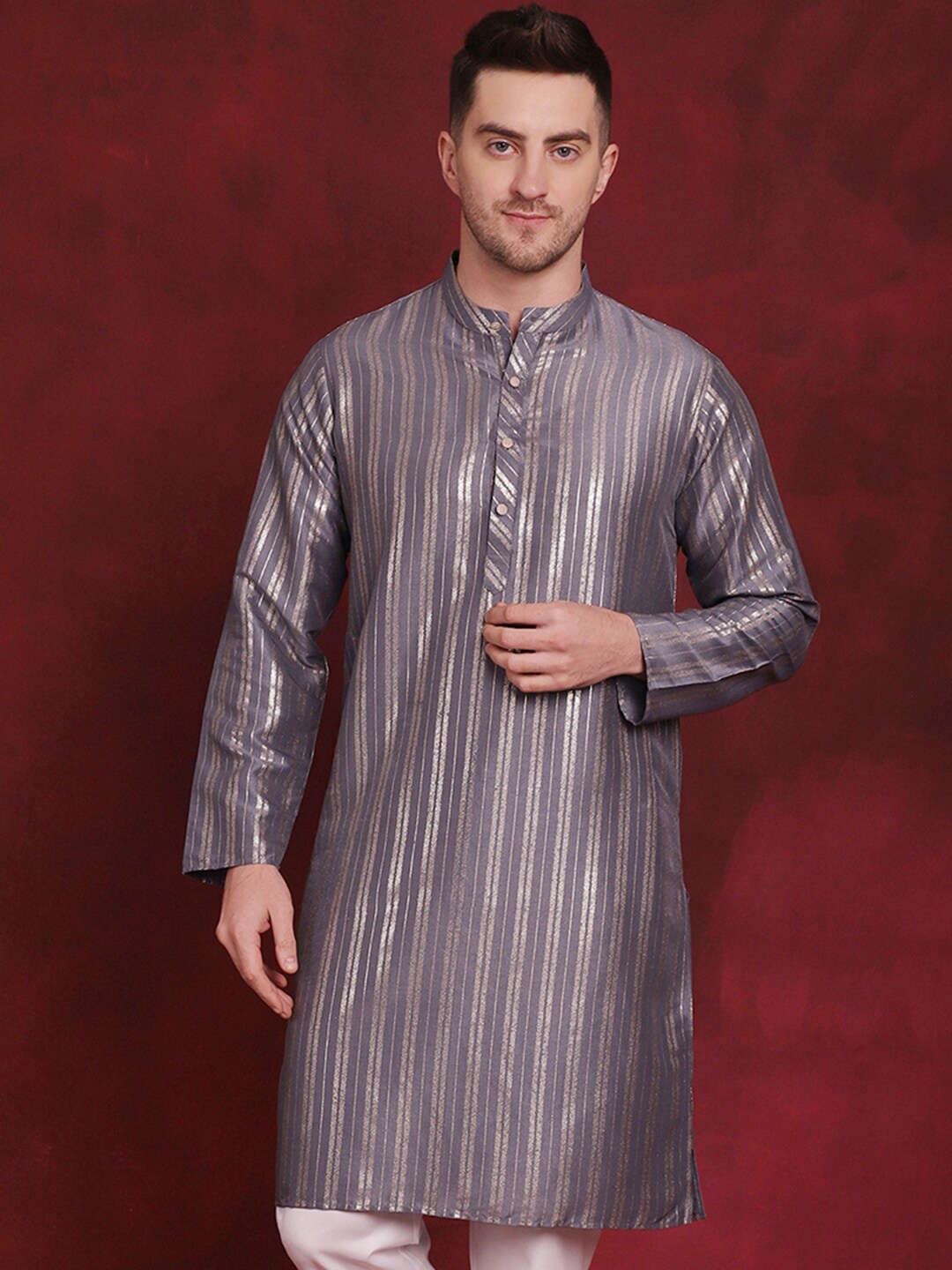 

Anouk Striped Mandarin Collar Long Sleeves Thread Work Straight Kurta, Grey