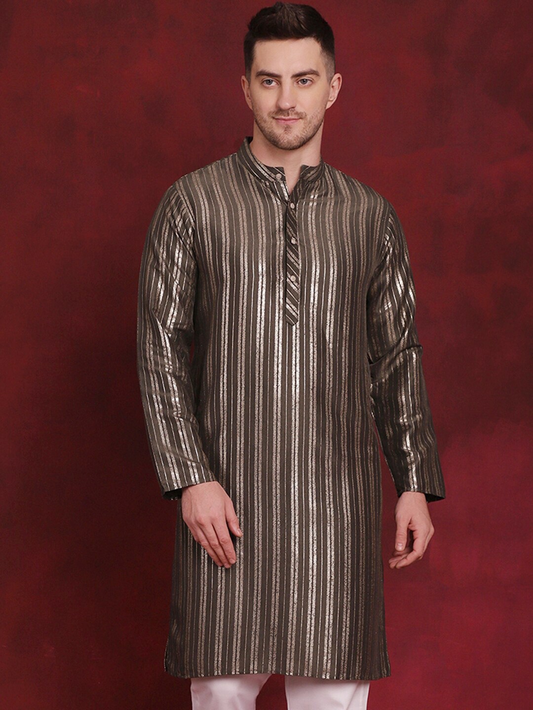 

Anouk Olive Green Striped Cotton Mandarin Collar Curved Straight Kurta