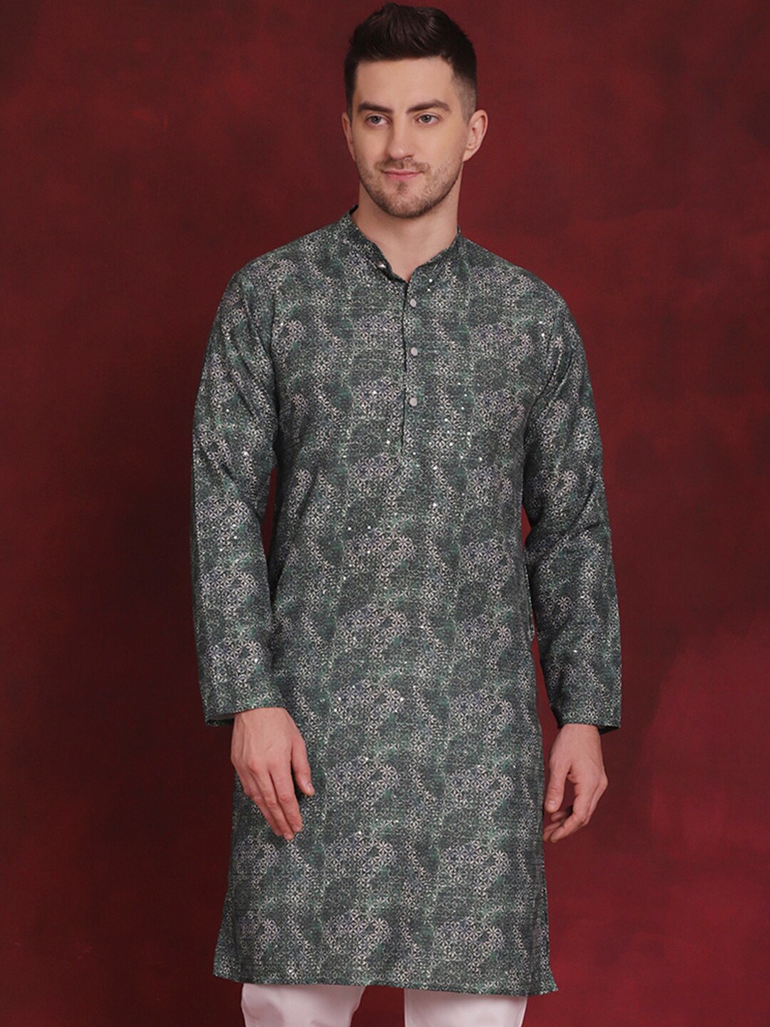 

Anouk Green Ethnic Motifs Woven Design Mandarin Collar Straight Kurta