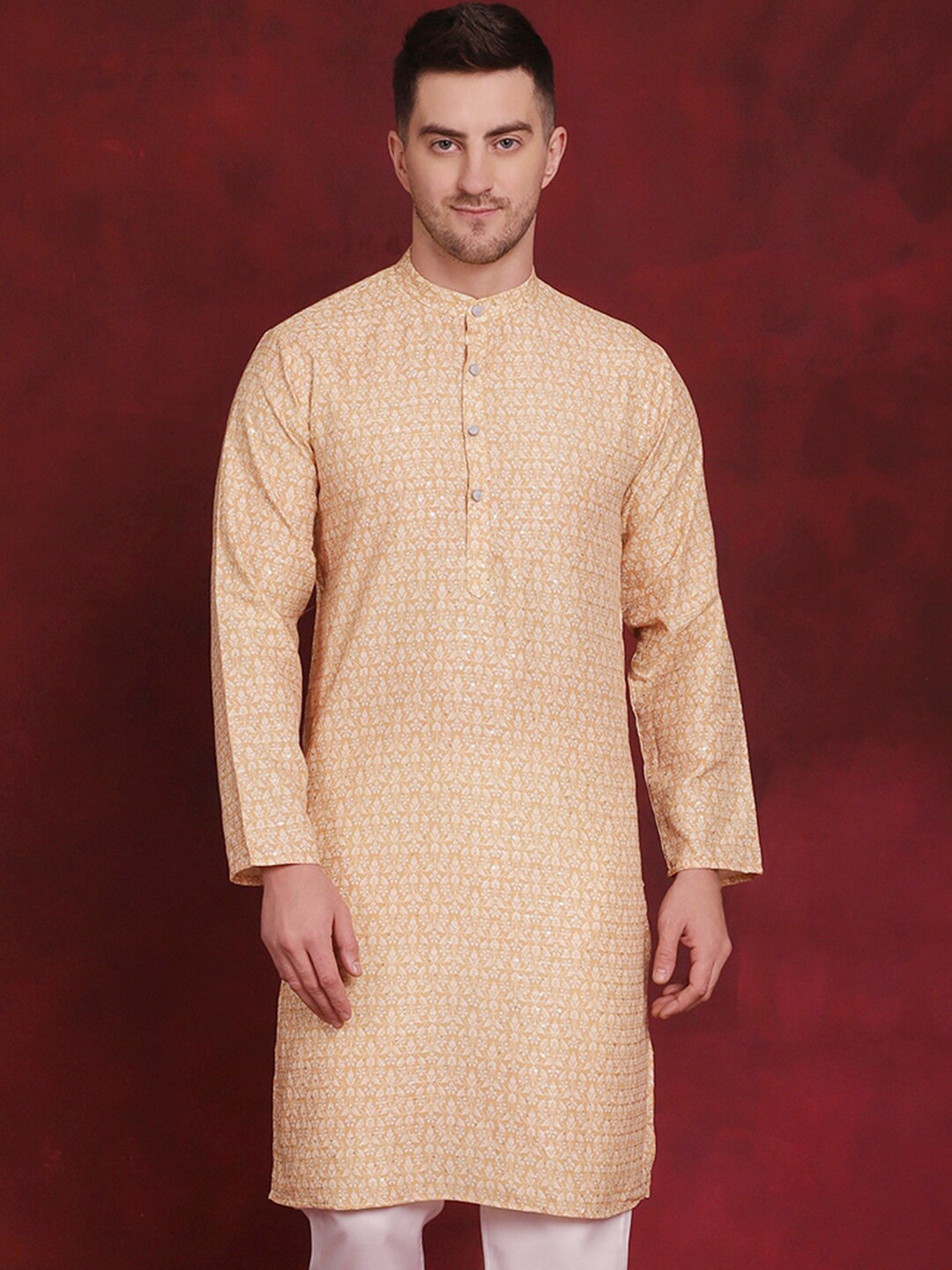 

Anouk Floral Printed Mandarin Collar Long Sleeves Thread Work Straight Kurta, Yellow