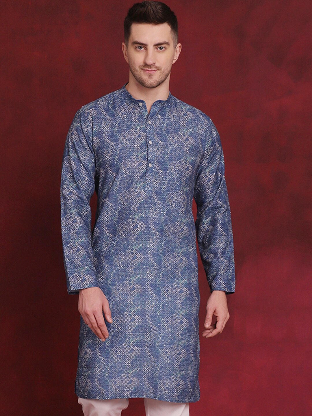 

Anouk Floral printed Mandarin Collar Long Sleeves Thread Work Straight Kurta, Blue