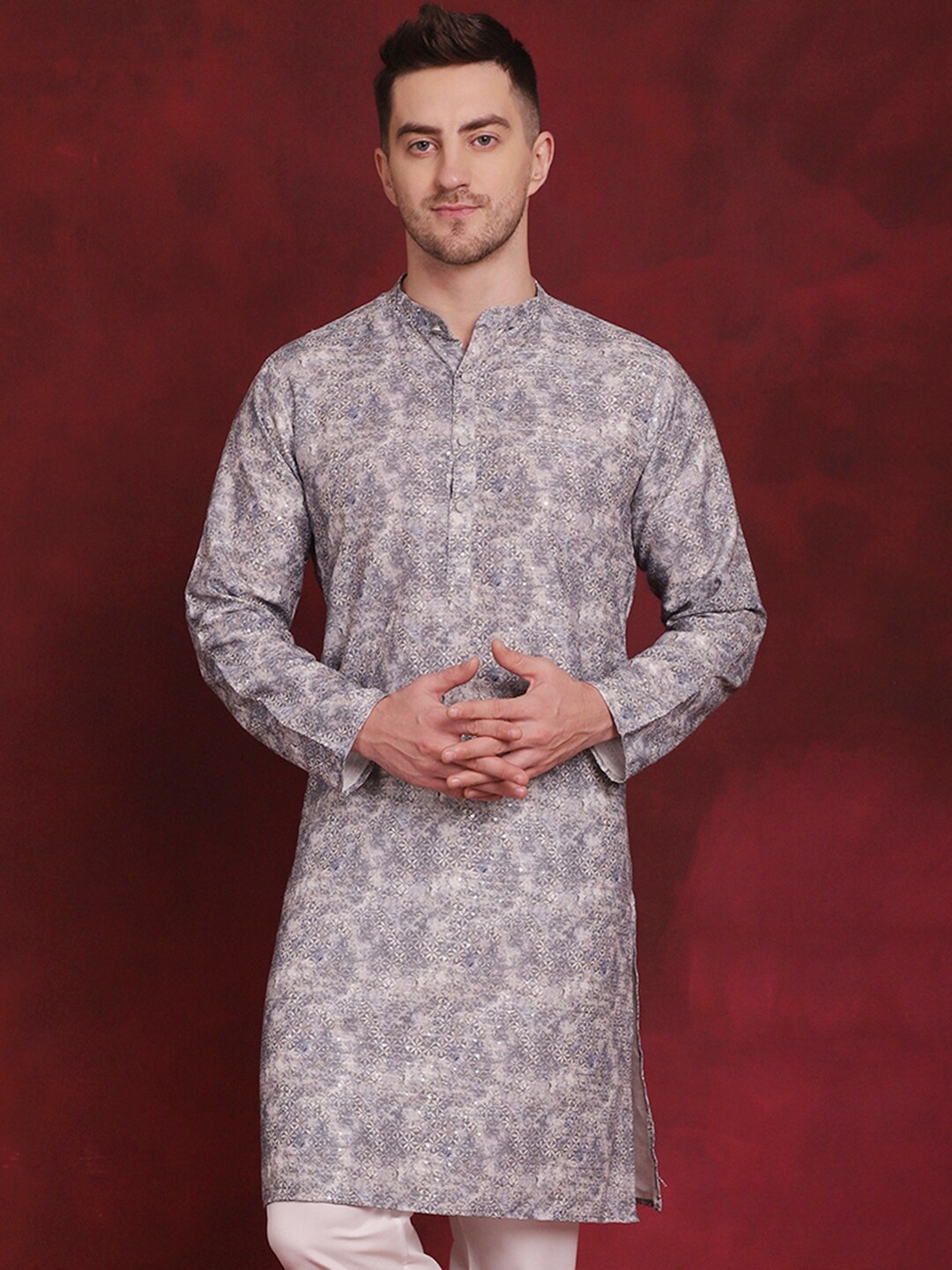 

Anouk Floral Printed Mandarin Collar Jacquard Cotton Straight Kurta, Grey