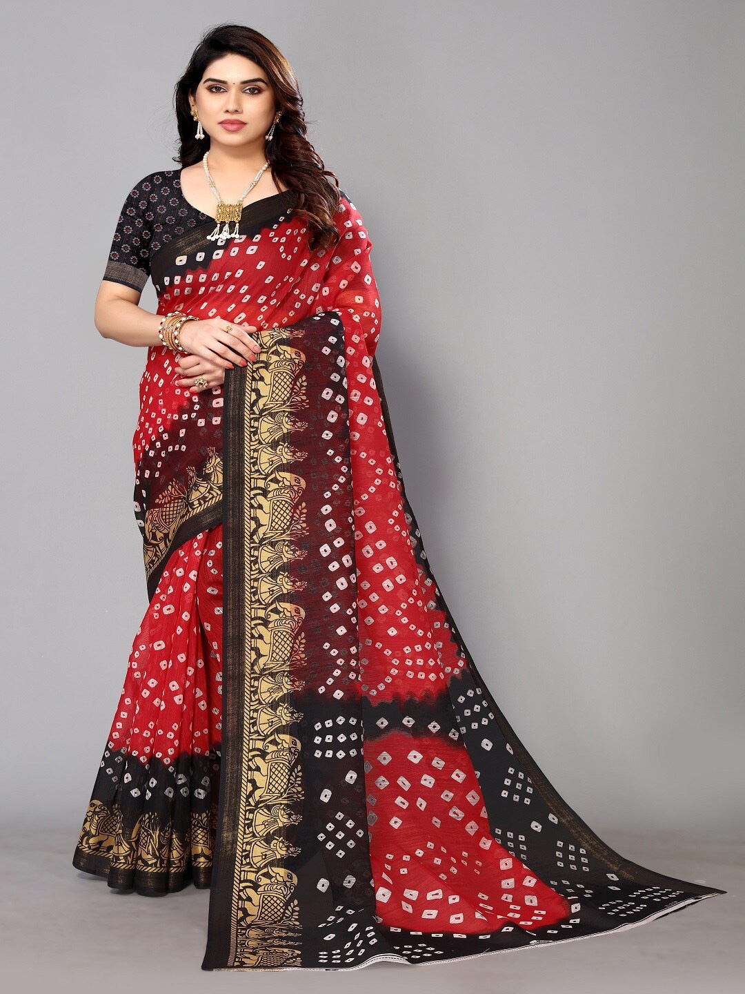 

Hema silk mills Printed Bandhani Zari Saree, Red