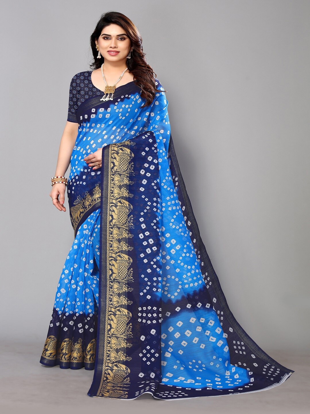 

Hema silk mills Printed Bandhani Zari Saree, Blue