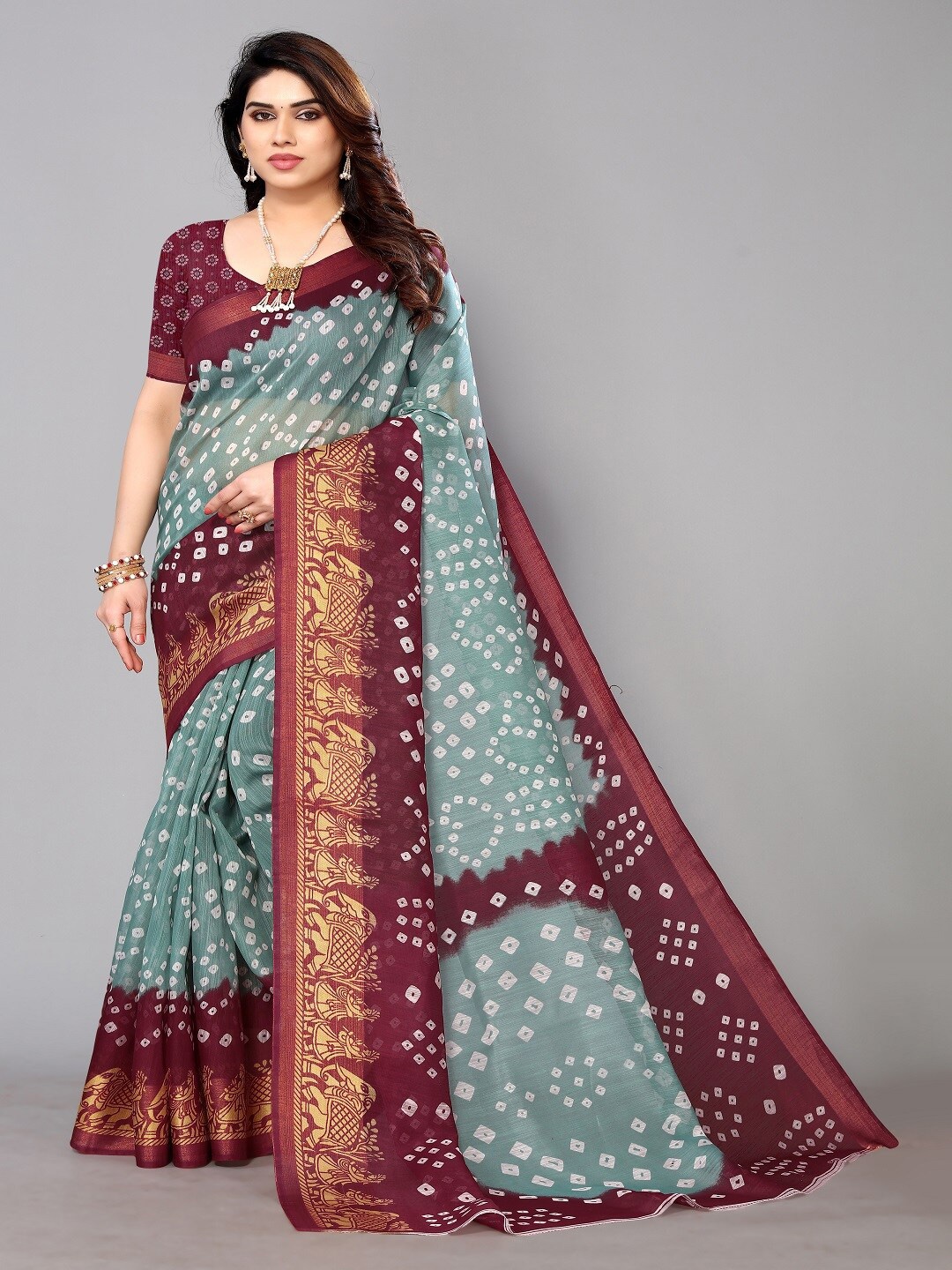 

Hema silk mills Printed Bandhani Zari Saree, Grey