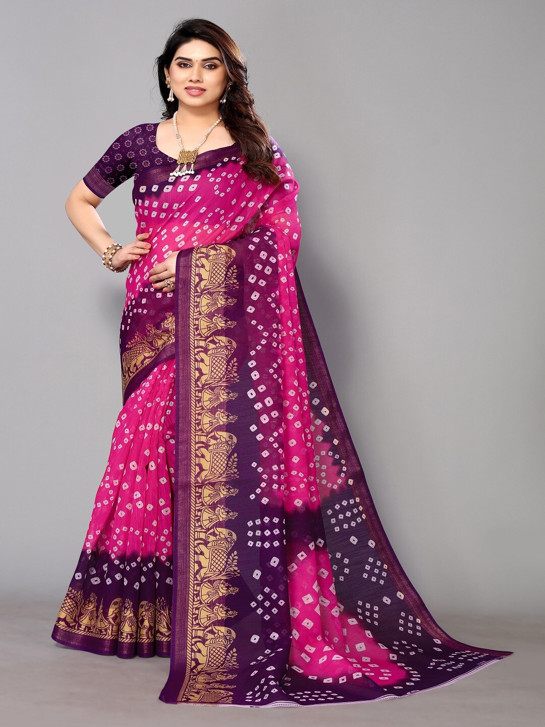

Hema silk mills Printed Bandhani Zari Saree, Pink