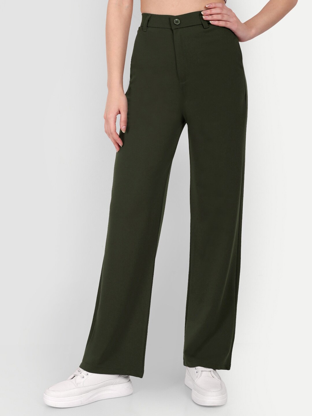 

BROADSTAR Women Smart Loose Fit High-Rise Easy Wash Cotton Trousers, Olive