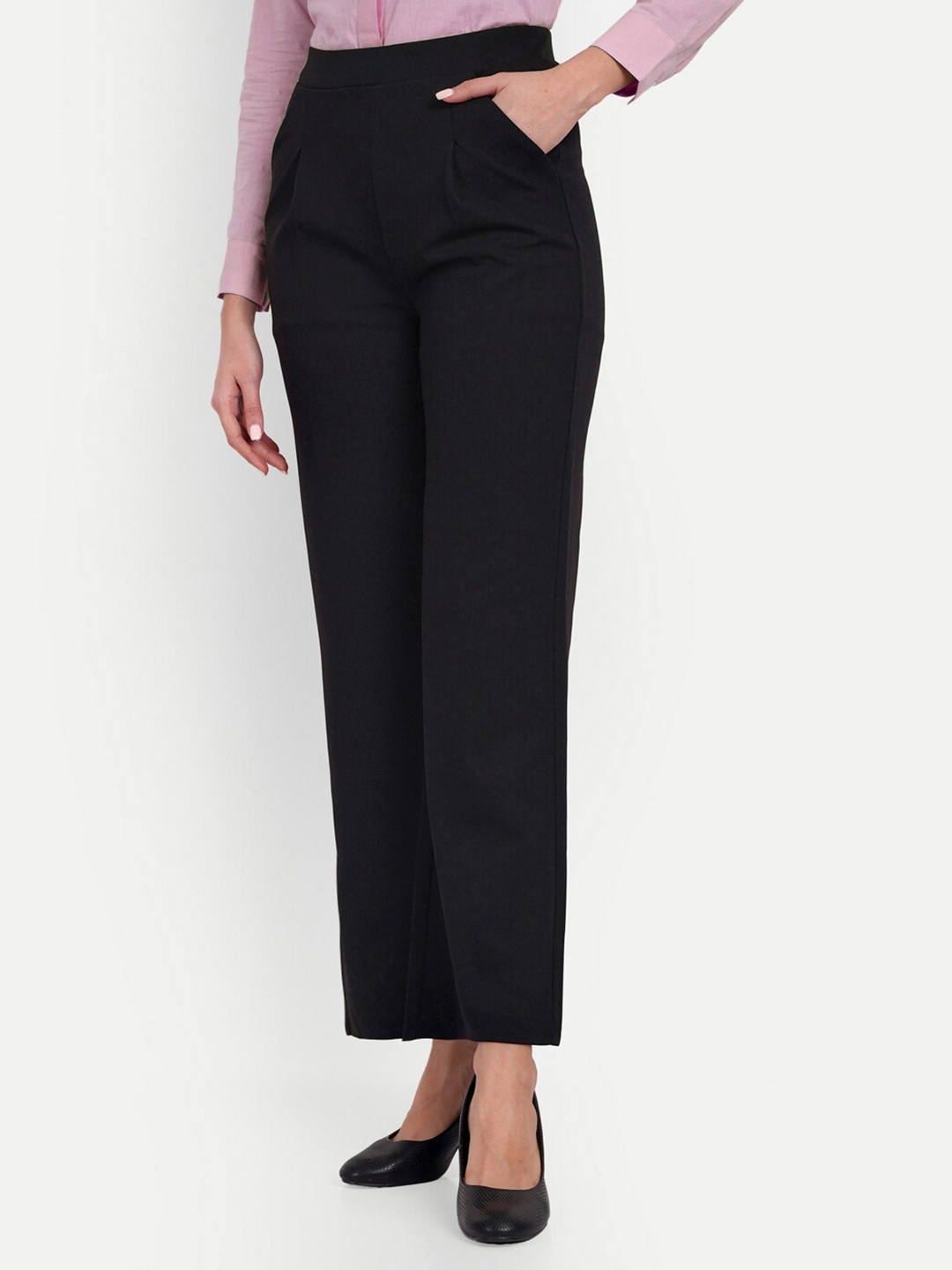 

BROADSTAR Smart Loose Fit High-Rise Easy Wash Pleated Cotton Trousers, Black