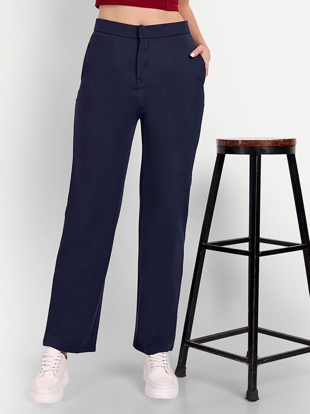 

BROADSTAR Women Smart Solid Cotton High-Rise Trousers, Navy blue