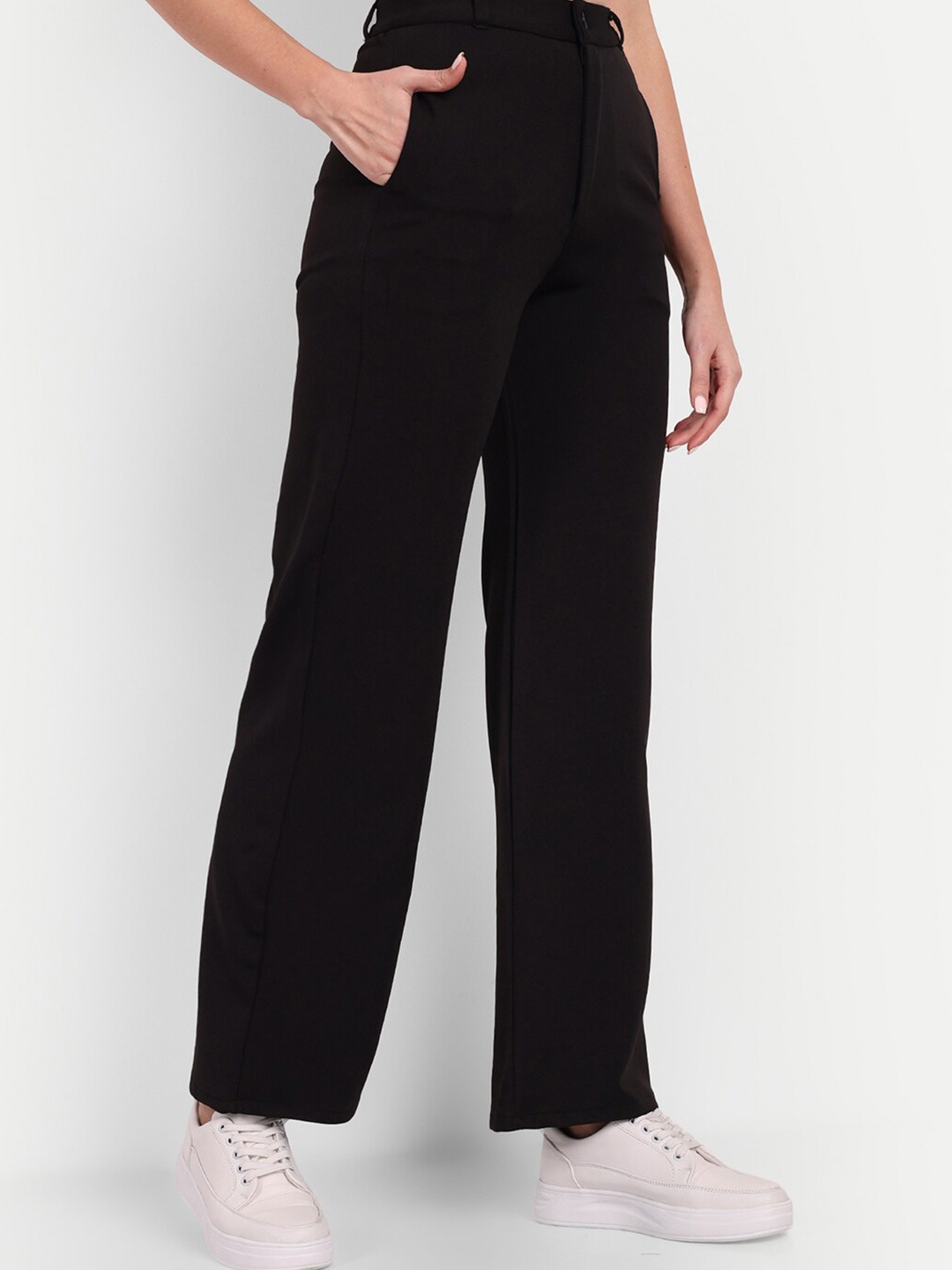 

BROADSTAR Women Black Smart Loose Fit High-Rise Cotton Trousers