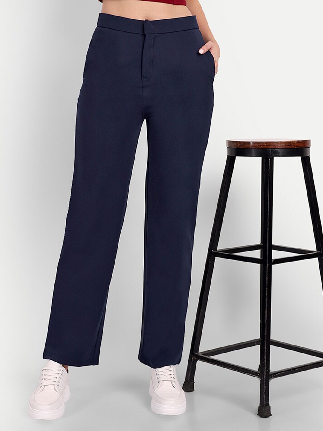 

BROADSTAR Women Smart Solid Cotton High-Rise Trousers, Navy blue