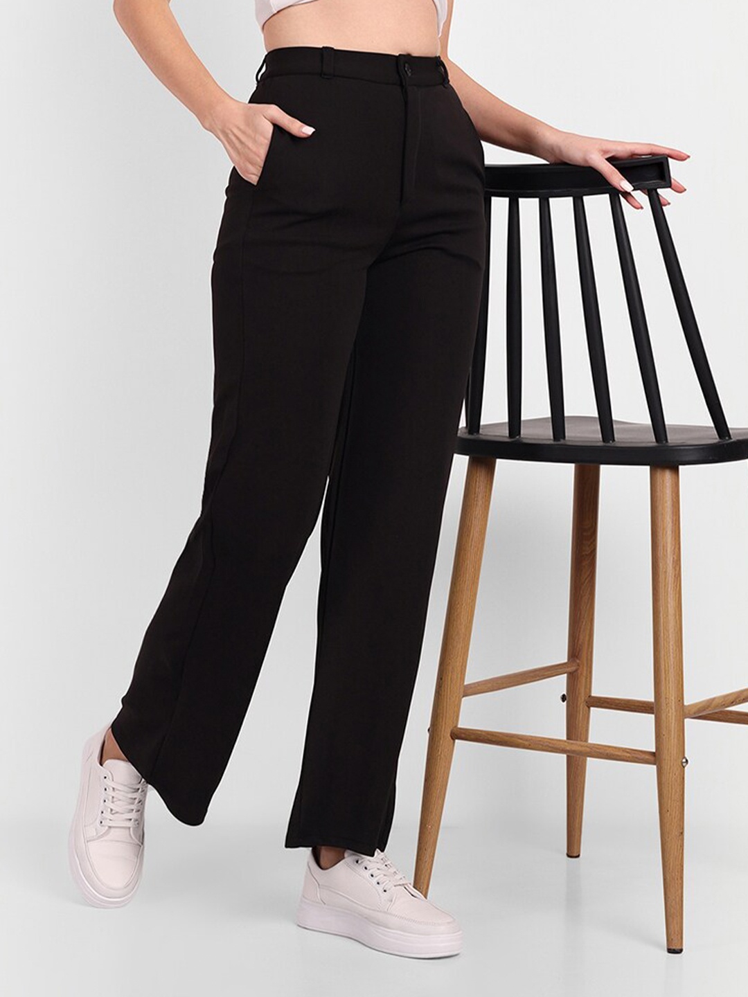 

BROADSTAR Women Smart Solid Cotton High-Rise Trousers, Black