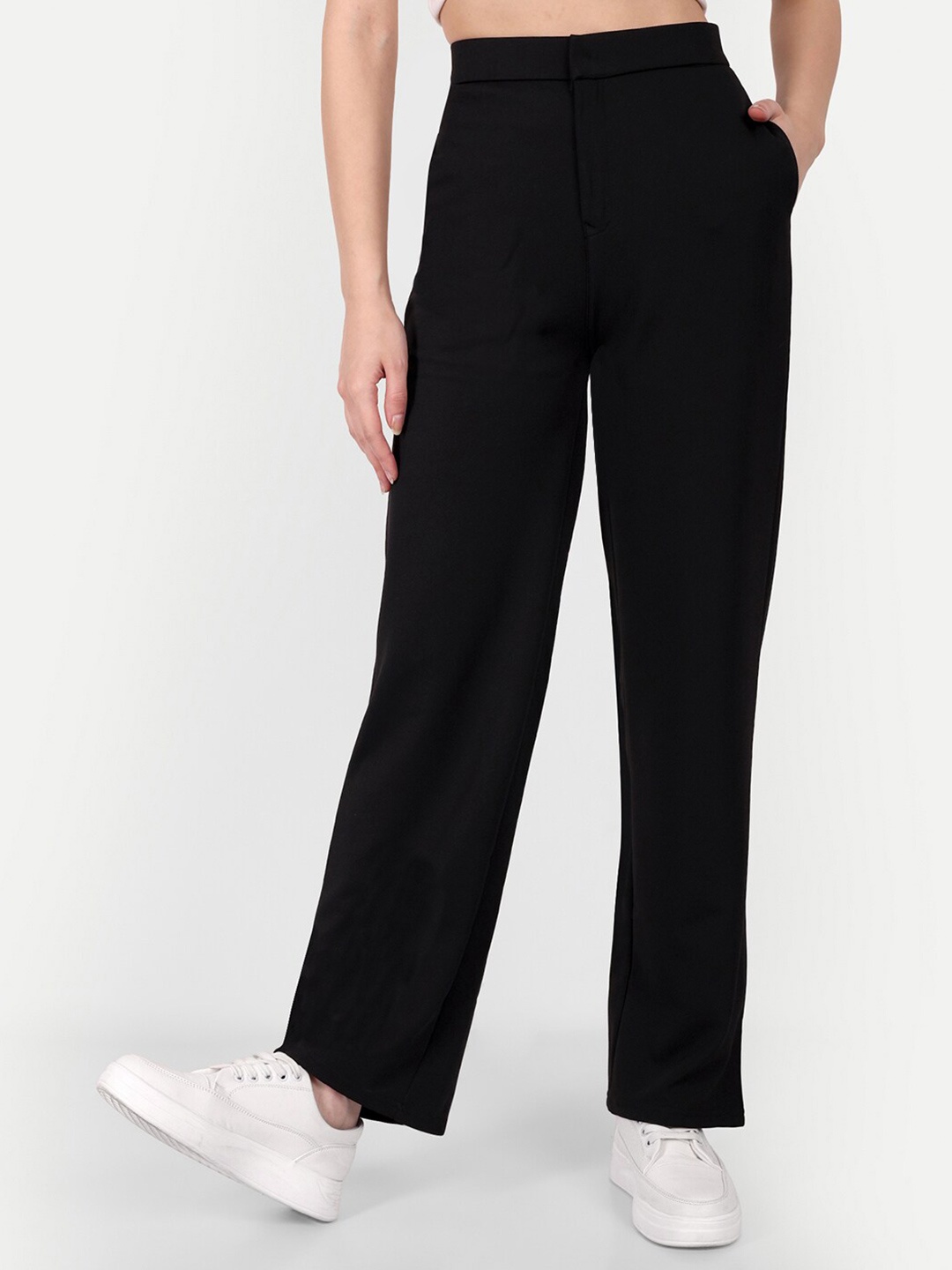 

BROADSTAR Women Smart Loose Fit High-Rise Stretchable Cotton Trousers, Black