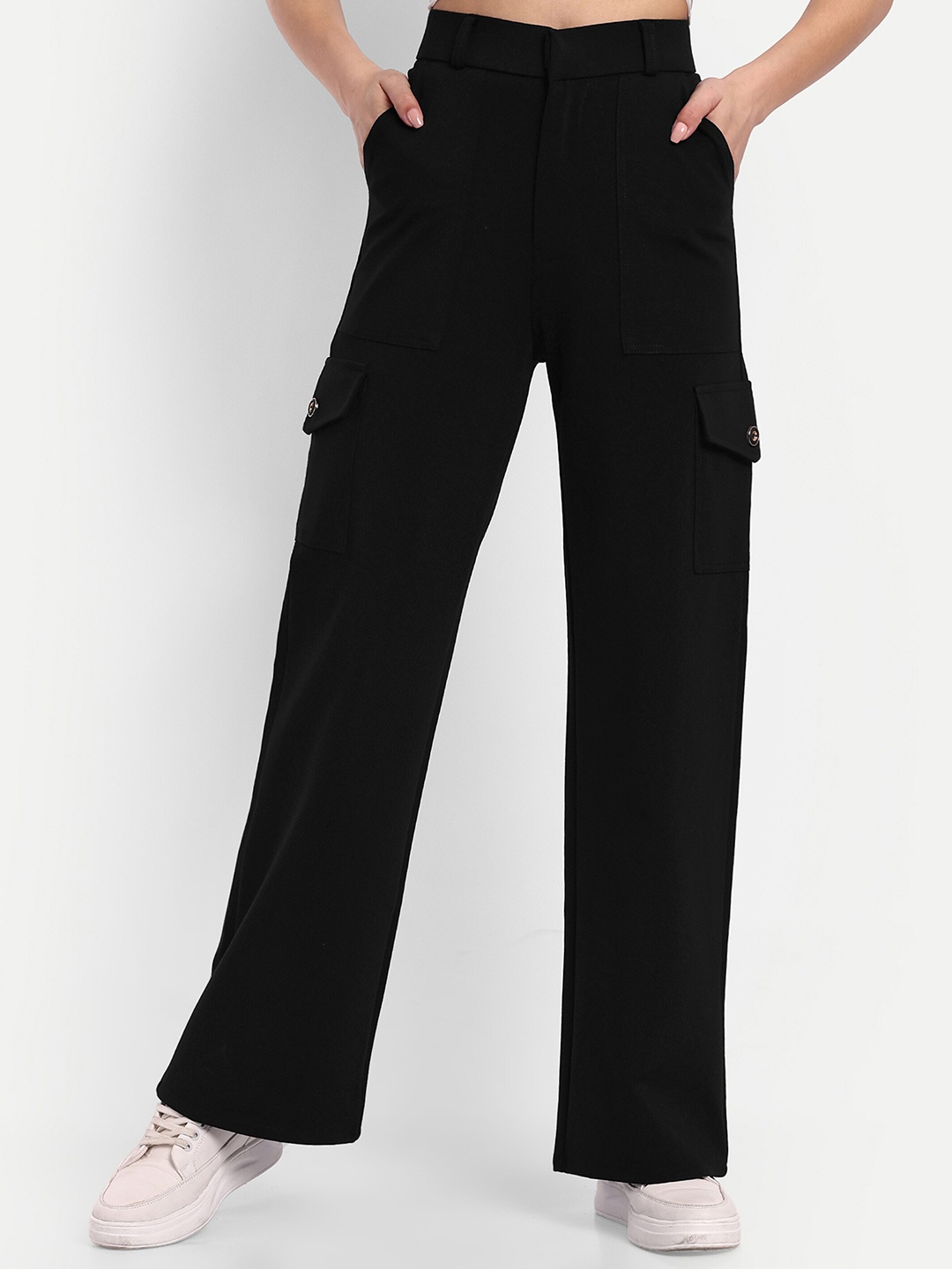 

BROADSTAR Women Smart Straight Fit High-Rise Stretchable Cargos Trousers, Black