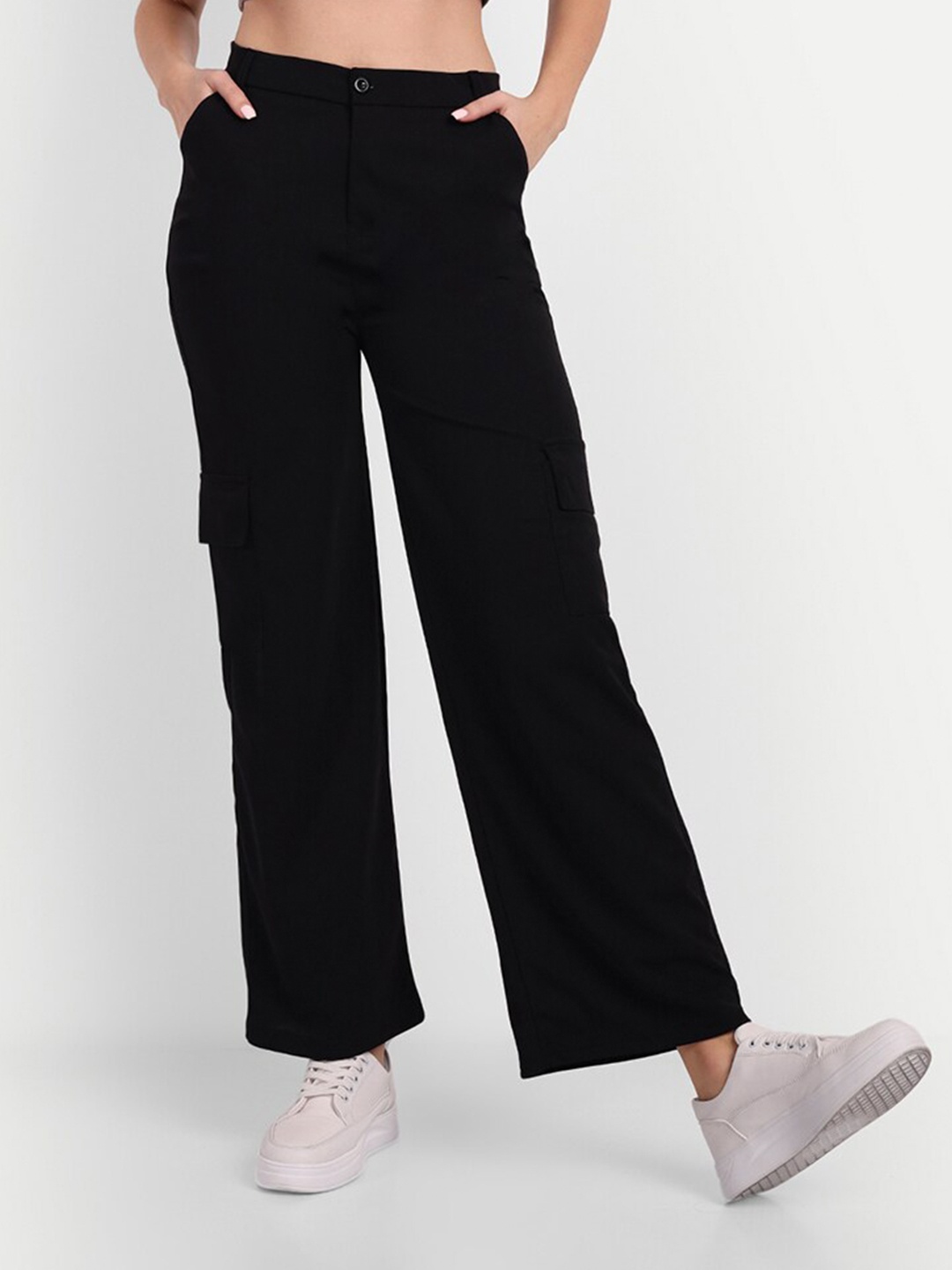 

BROADSTAR Women Smart Straight Fit Cotton High-Rise Trousers, Black