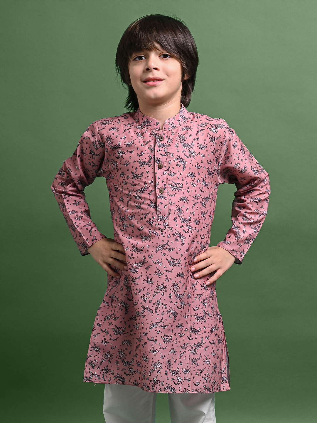 

VESHAM Boys Floral Printed Mandarin Collar Straight Kurta, Pink