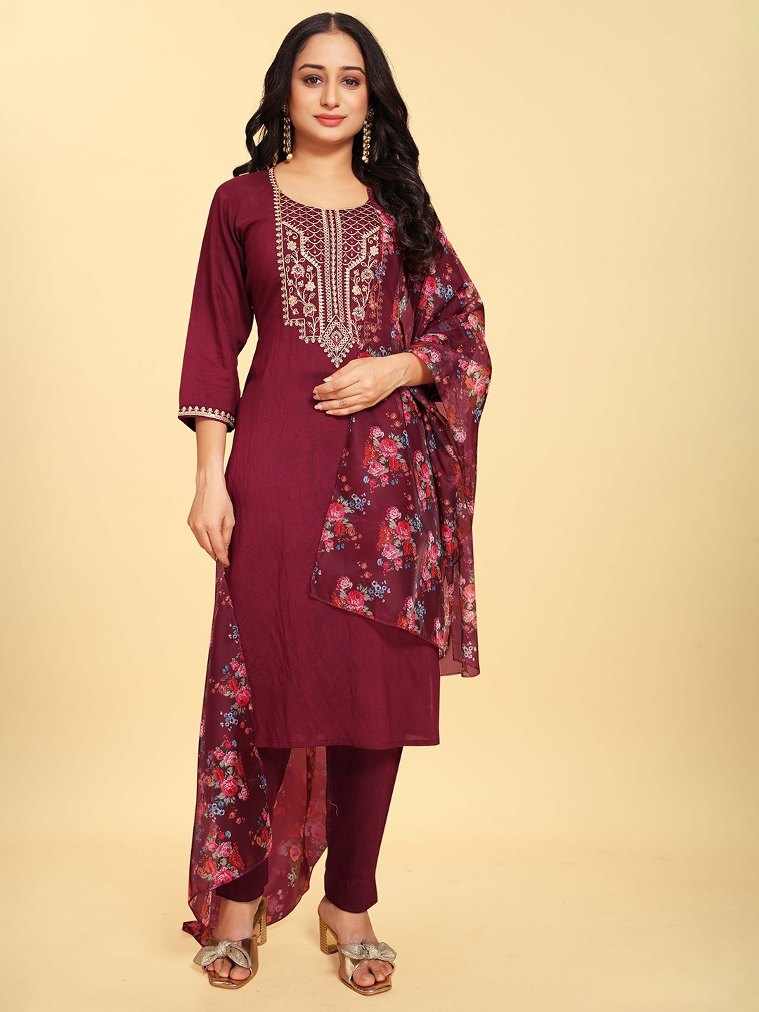 

Riti Ethnic Motifs Yoke Design Thread Work Chanderi Silk Kurta With Trousers & Dupatta, Burgundy