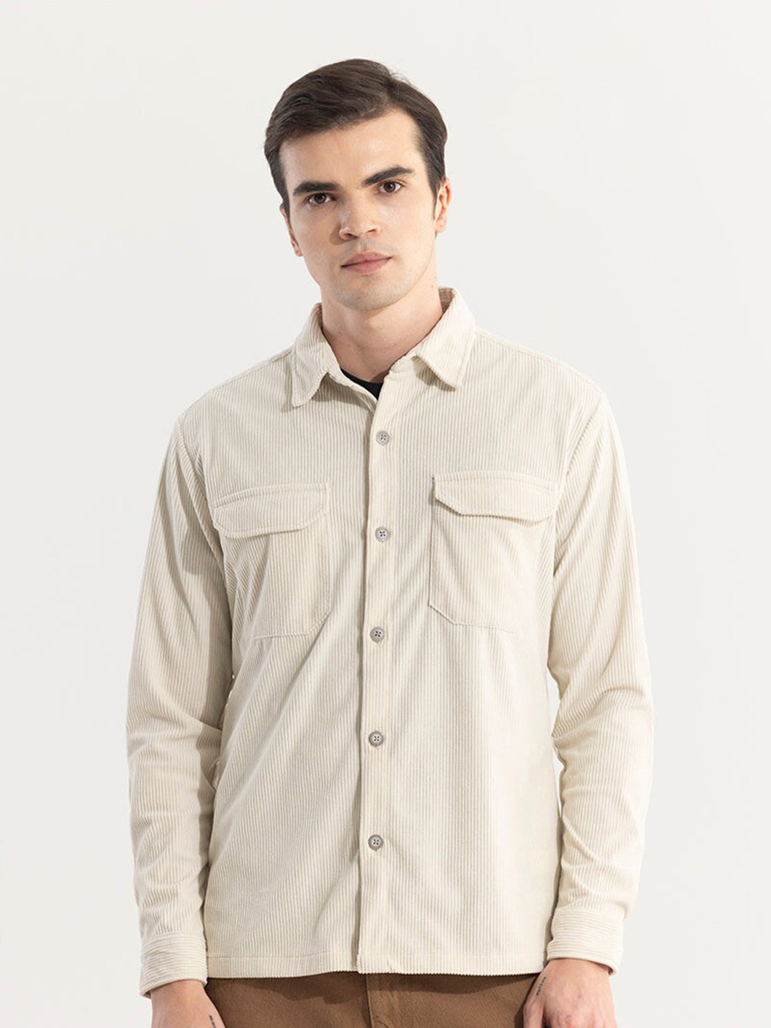 

Snitch Classic Vertical Stripes Tailored Fit Casual Shackets, Cream