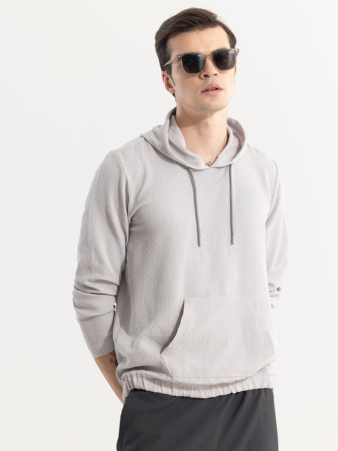 

Snitch Grey Self Design Hooded Pullover