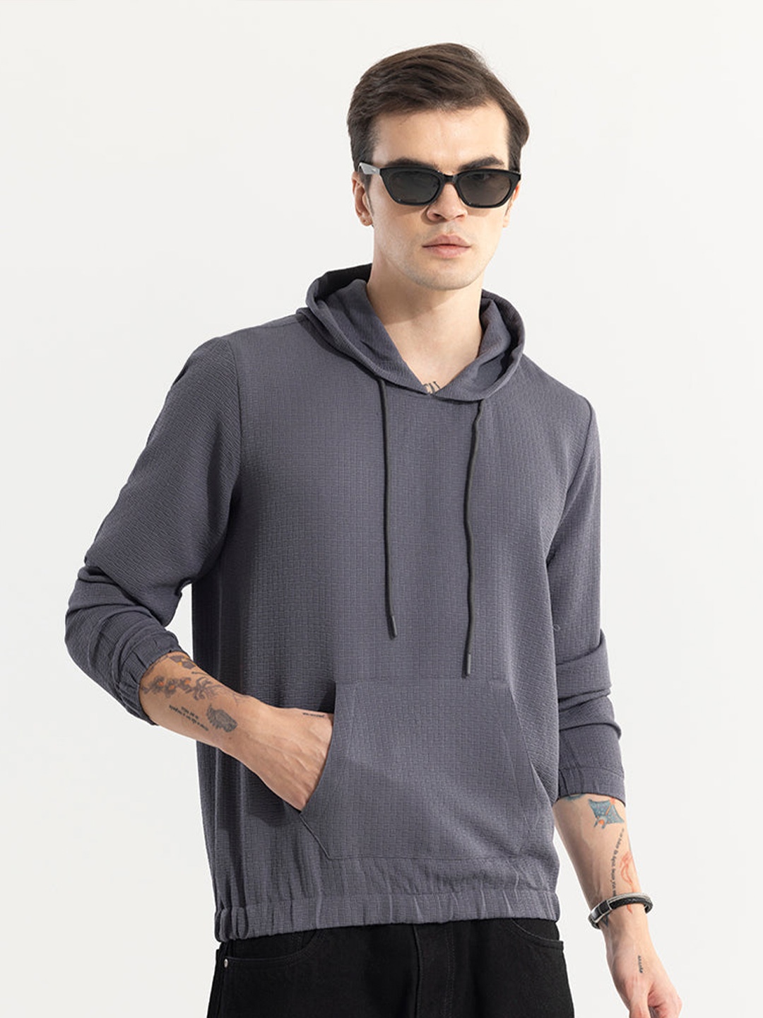 

Snitch Grey Self Design Hooded Pullover