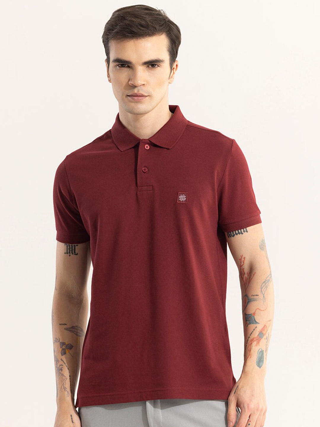 

Snitch Maroon Polo Collar Slim Fit Cotton T-shirt