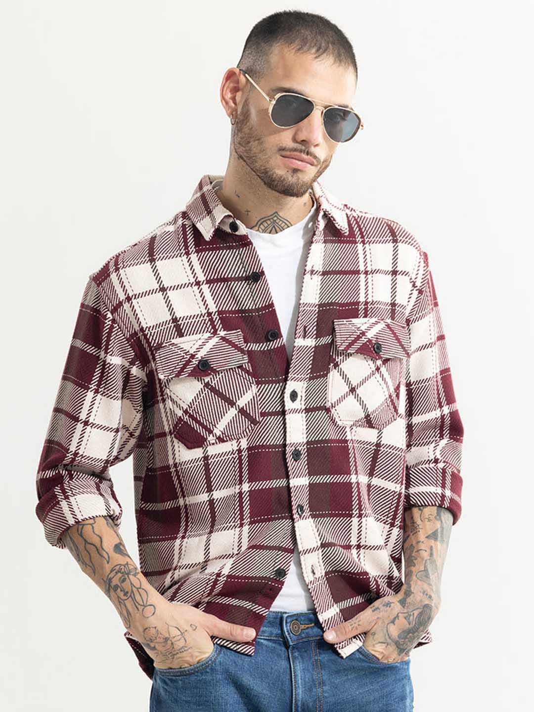 

Snitch Maroon Classic Tailored Fit Tartan Checked Casual Cotton Shirt