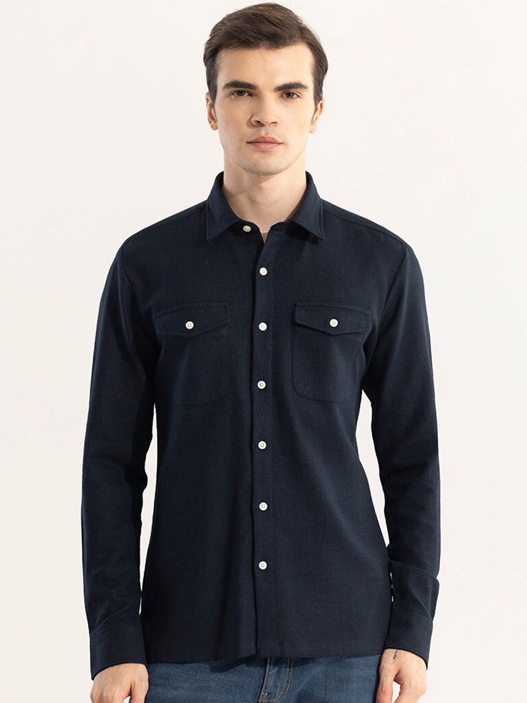 

Snitch Navy Blue Classic Slim Fit Cotton Casual Shirt