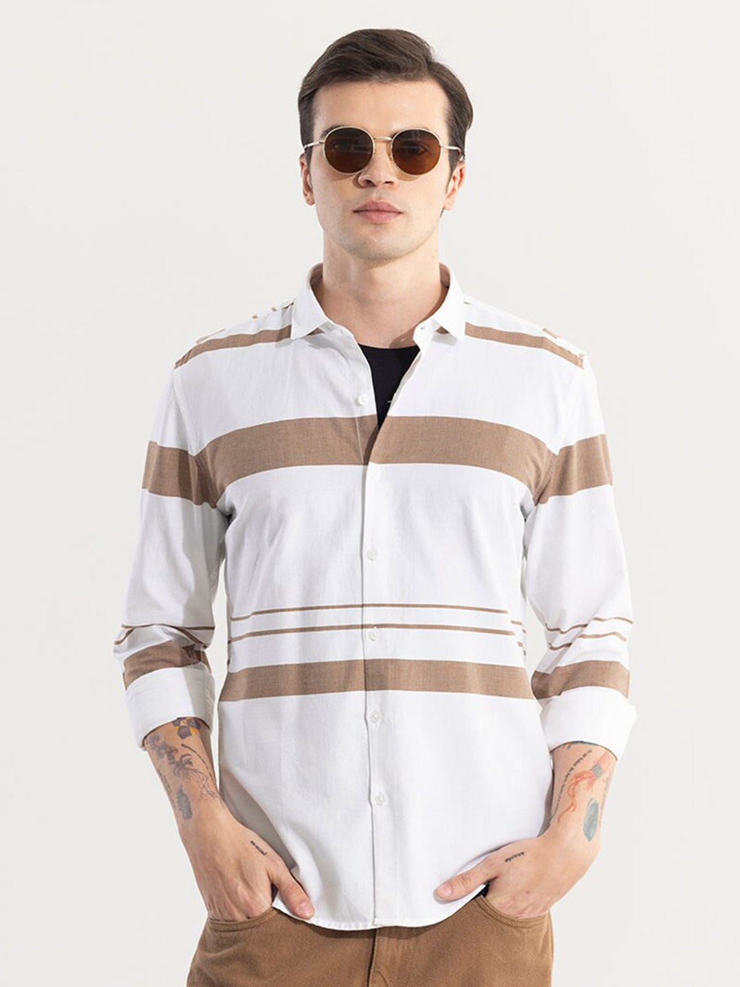 

Snitch Classic Slim Fit Horizontal Stripes Cotton Casual Shirt, Brown