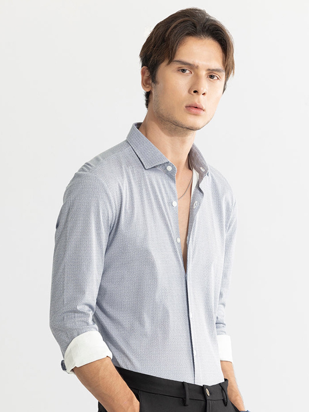 

Snitch Grey Classic Slim Fit Micro Ditsy Printed Cotton Casual Shirt