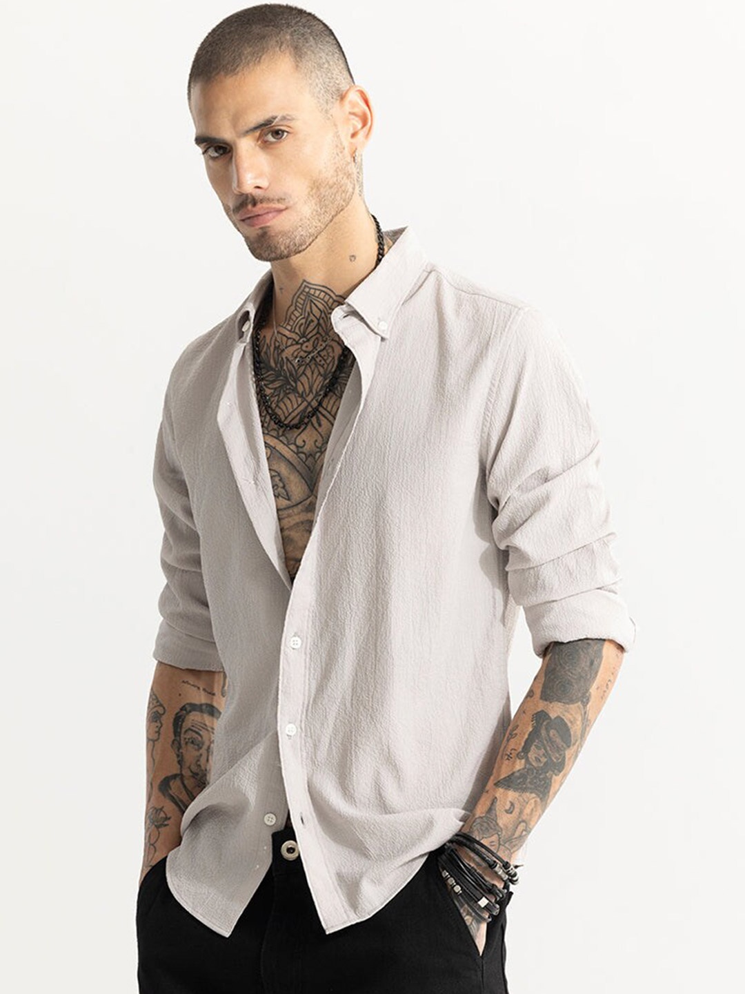 

Snitch Grey Classic Slim Fit Cotton Casual Shirt