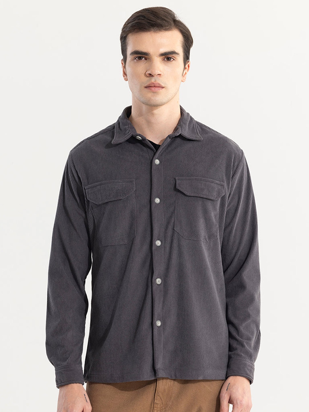 

Snitch Grey Classic Tailored Fit Spread Collar Casual Shirt