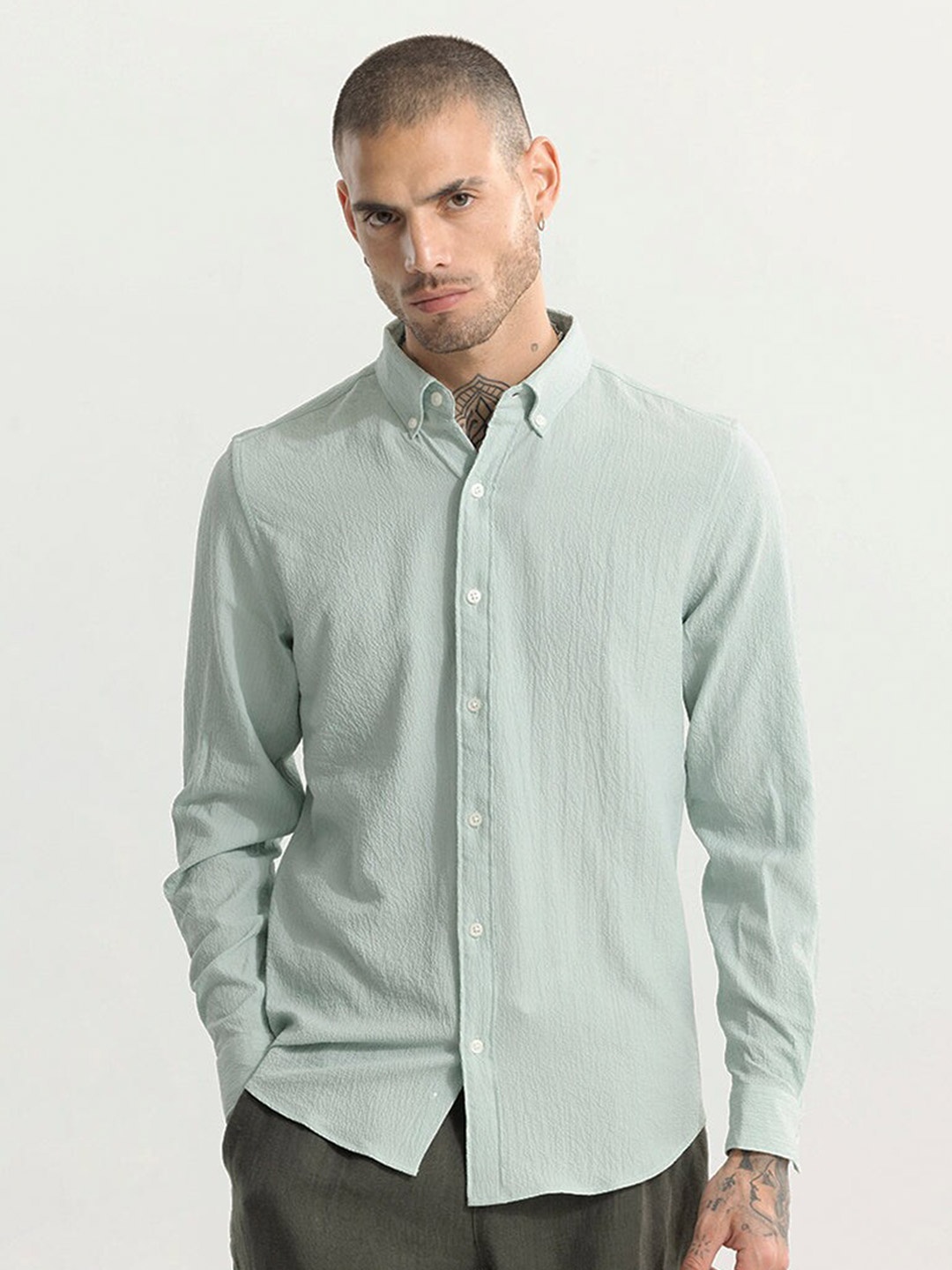 

Snitch Classic Slim Fit Button-Down Collar Cotton Casual Shirt, Green