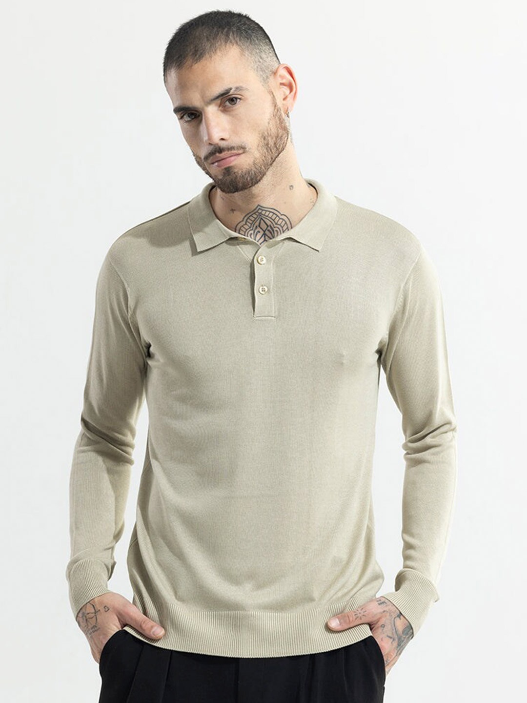 

Snitch Beige Polo Collar Slim Fit Cotton T-shirt