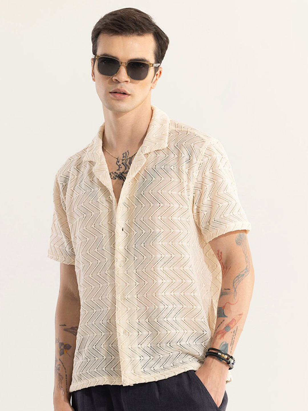 

Snitch Classic Geometric Self Design Boxy Casual Shirt, Cream