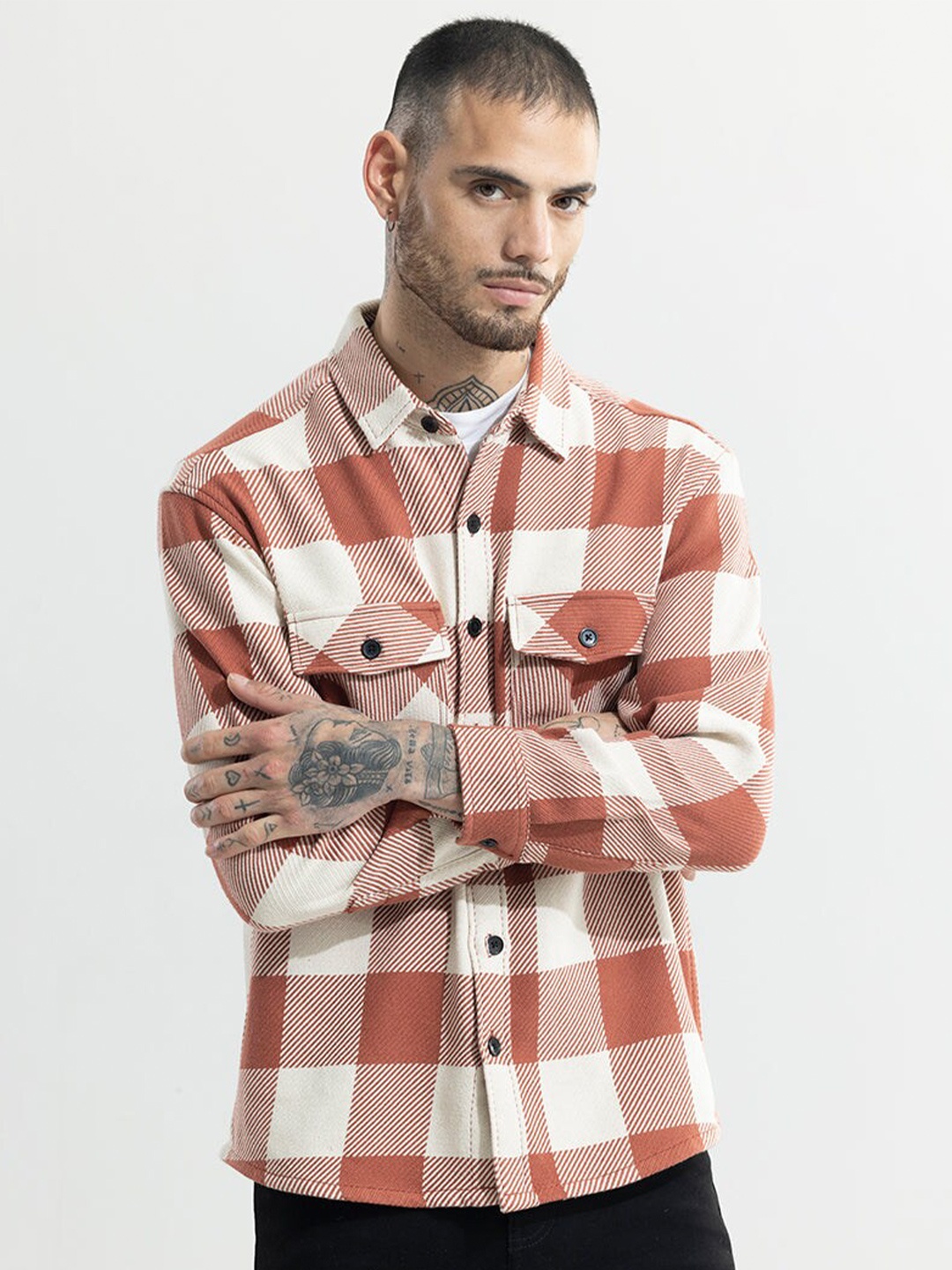 

Snitch Orange Classic Tailored Fit Buffalo Checked Cotton Casual Shirt