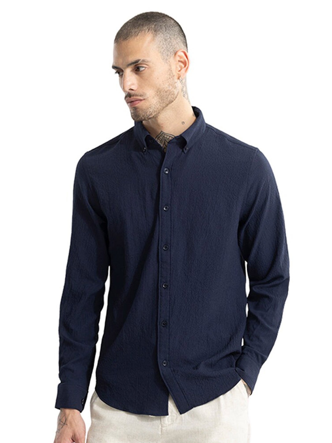 

Snitch Classic Slim Fit Button-Down Collar Cotton Casual Shirt, Navy blue