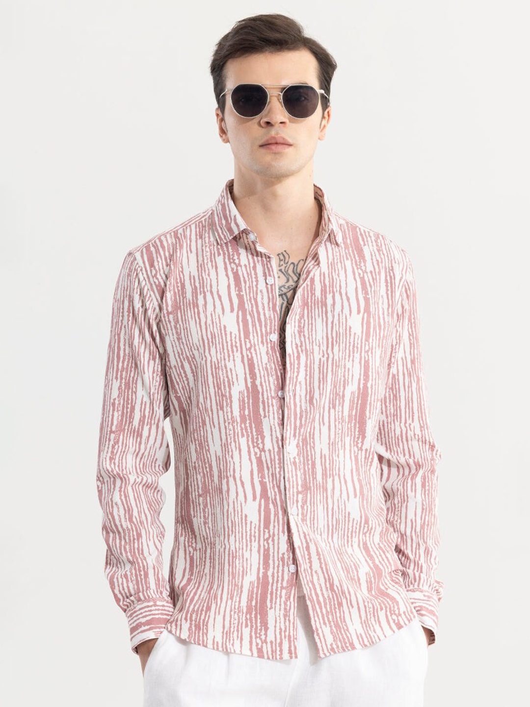 

Snitch Classic Slim Fit Vertical Stripes Printed Casual Shirt, Mauve