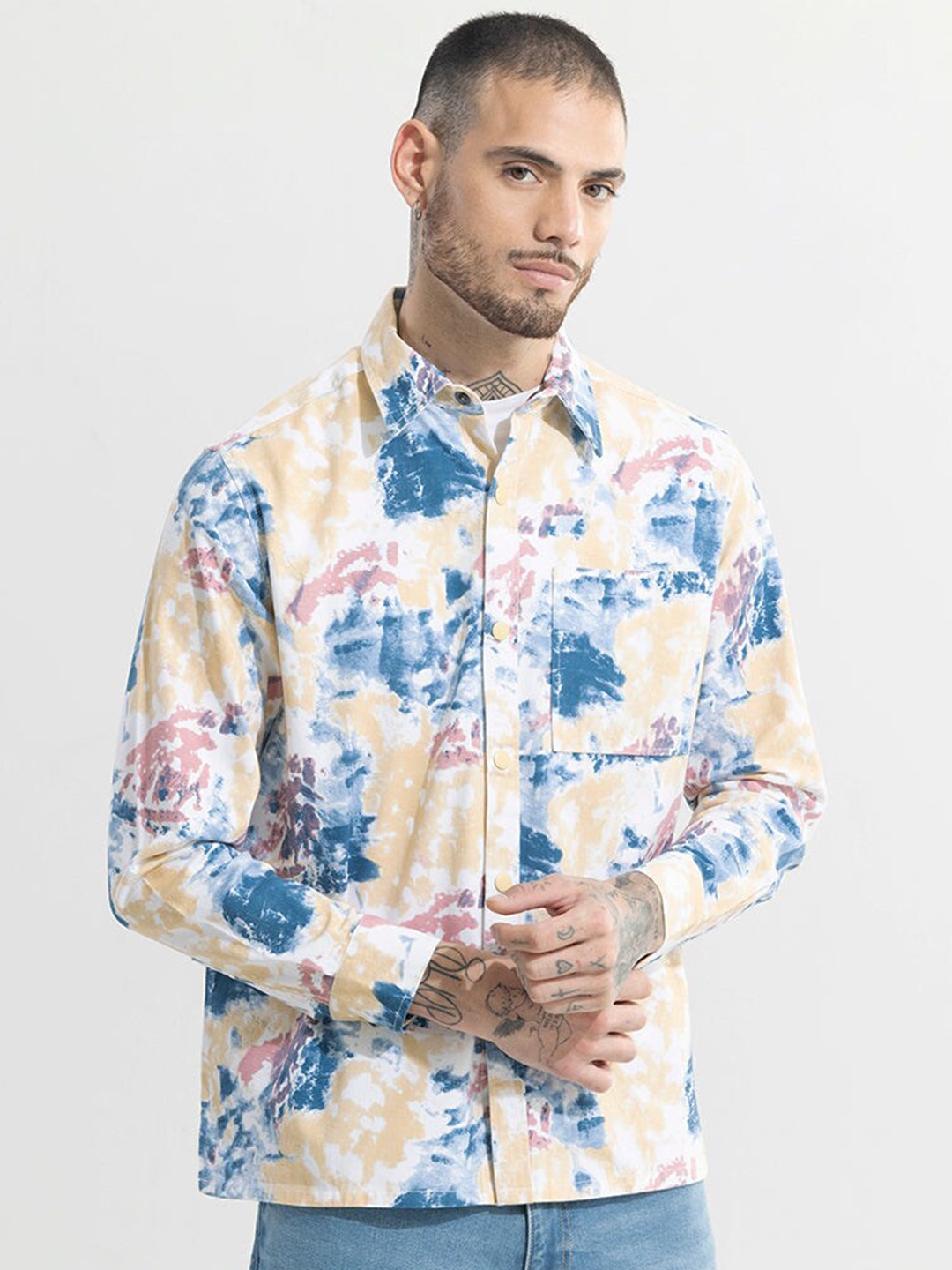 

Snitch Blue Abstract Printed Spread Collar Long Sleeves Cotton Shirt
