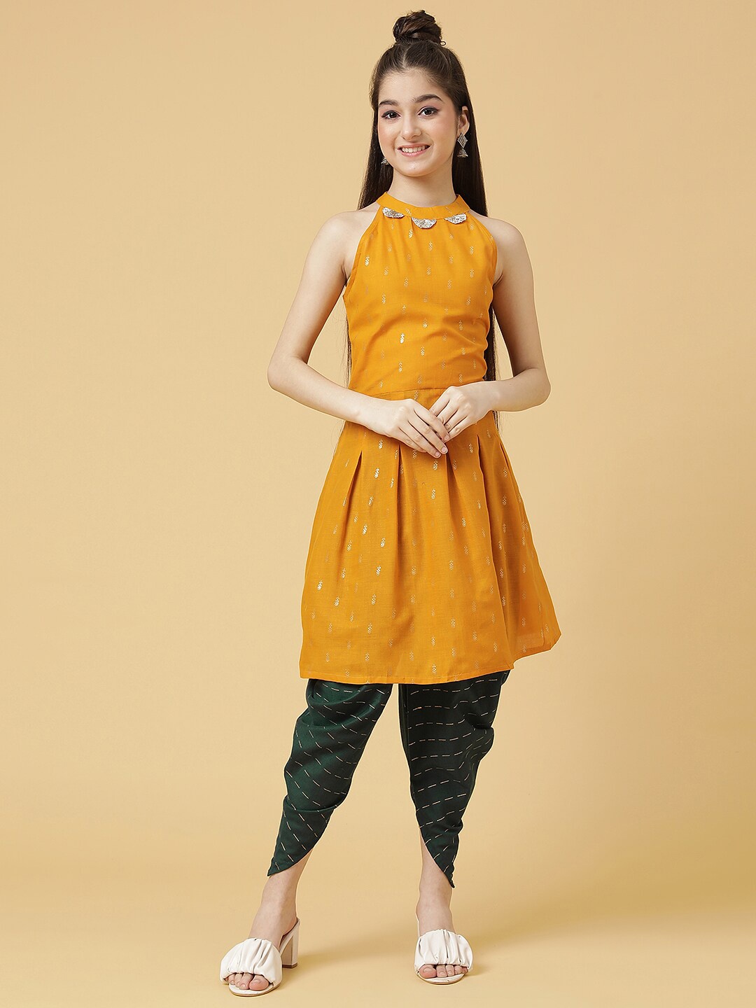 

BAESD Girls Halter Neck Floral Kurta with Dhoti Pants, Mustard