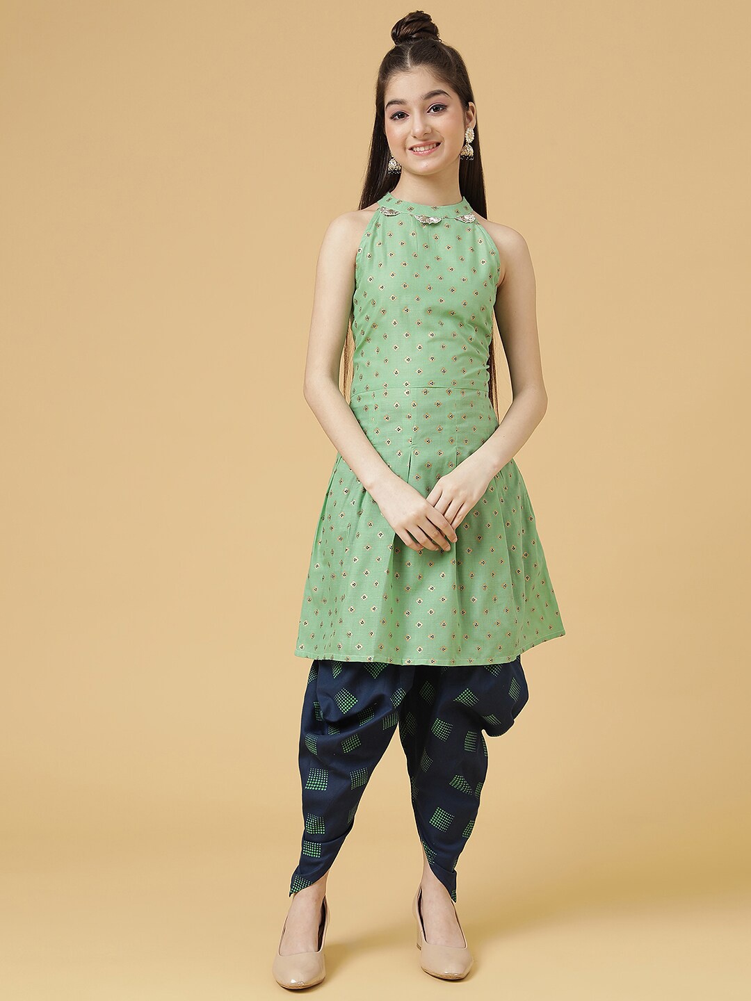 

BAESD Girls Ethnic Motifs Printed Pleated Kurta with Dhoti Pants, Green
