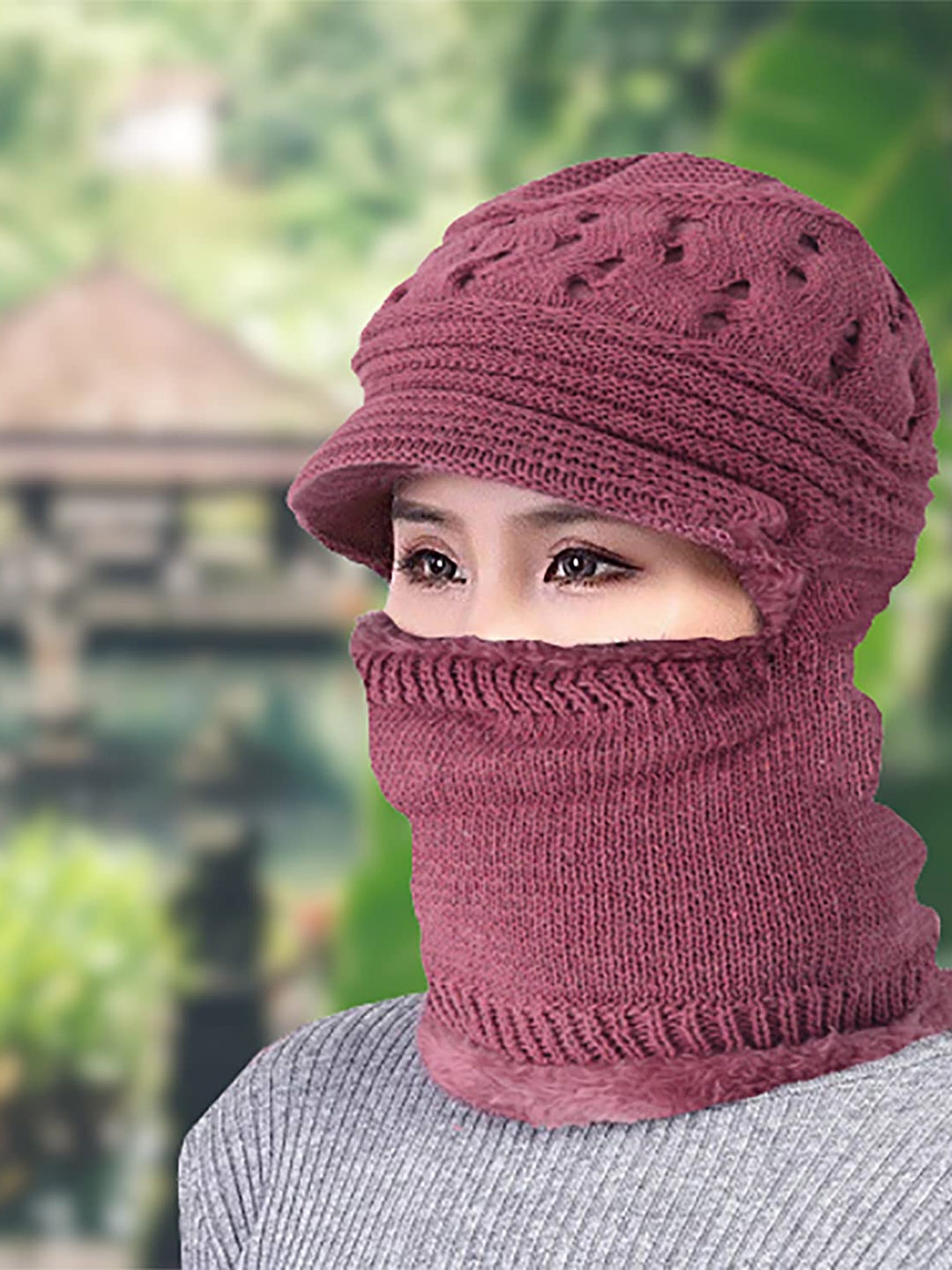 

SYGA Women Self Design Woollen Balaclava, Coral