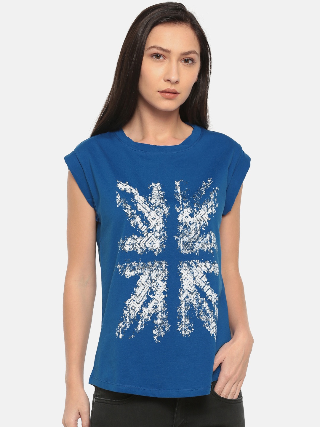 

Pepe Jeans Women Blue Printed Round Neck Pure Cotton T-shirt