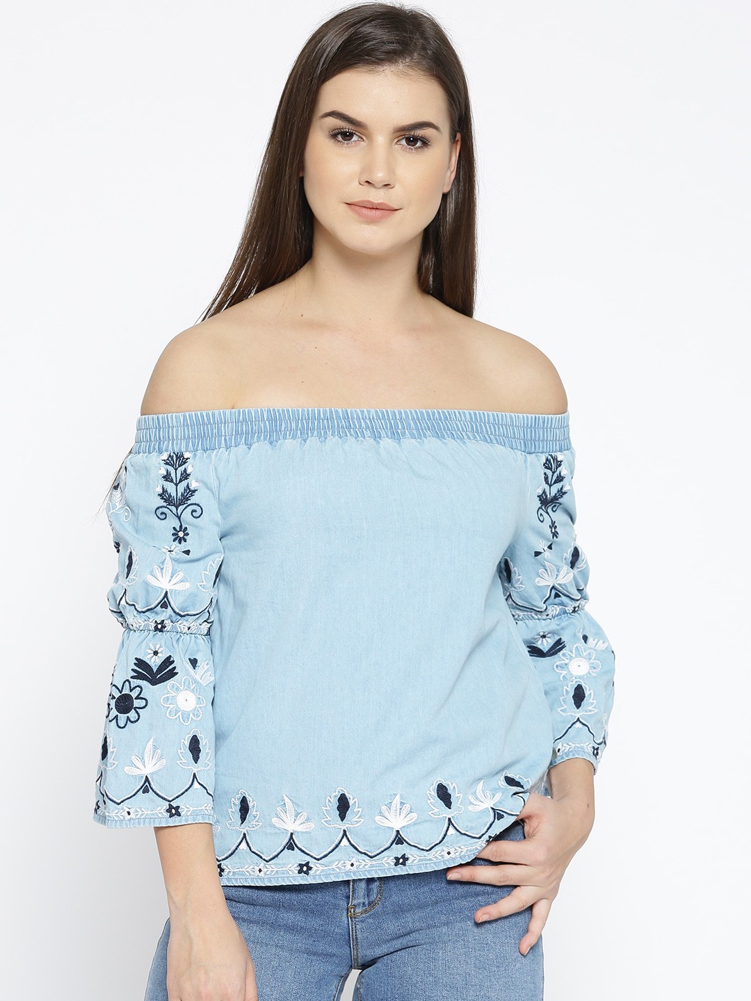 

Pepe Jeans Women Blue Chambray Self Design Bardot Pure Cotton Top
